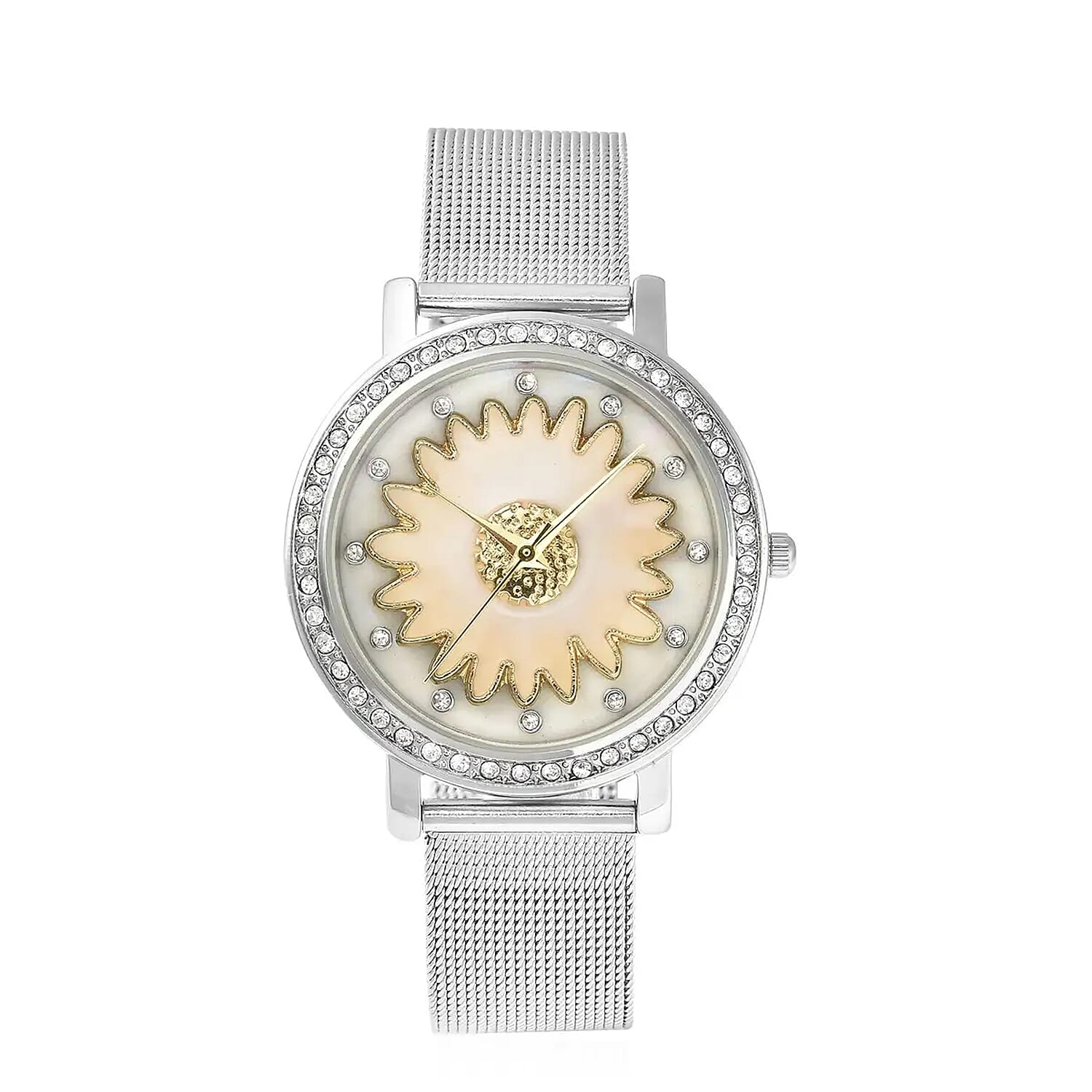 Strada Japanese Movement White Austrian Crystal White Flower Pattern Watch with Stainless Steel Mesh Strap (35.80 mm) (6.75-8.00 Inches)