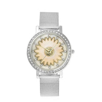 Strada Japanese Movement White Austrian Crystal White Flower Pattern Watch with Stainless Steel Mesh Strap (35.80 mm) (6.75-8.00 Inches)