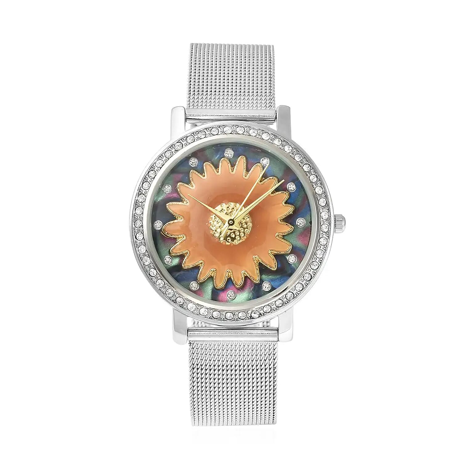 Strada Japanese Movement White Austrian Crystal White Flower Pattern Watch with Stainless Steel Mesh Strap (35.80 mm) (6.75-8.00 Inches)