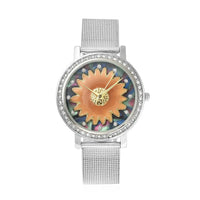 Strada Japanese Movement White Austrian Crystal White Flower Pattern Watch with Stainless Steel Mesh Strap (35.80 mm) (6.75-8.00 Inches)