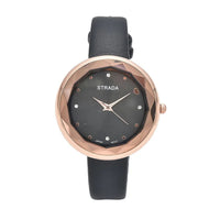 Strada Japanese Movement White Austrian Crystal with Black Dial Watch in Black Faux Leather Strap (36.32mm) (6.25-7.75 Inches)