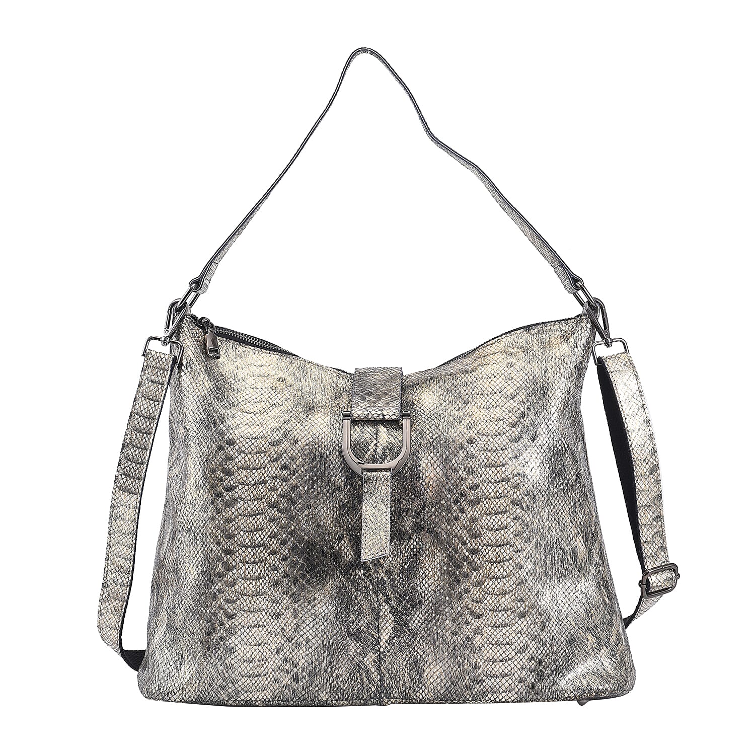 Gold and Black Snake Print Genuine Leather Hobo Bag (16.54"x6"x11") with 47" Detachable Shoulder Strap