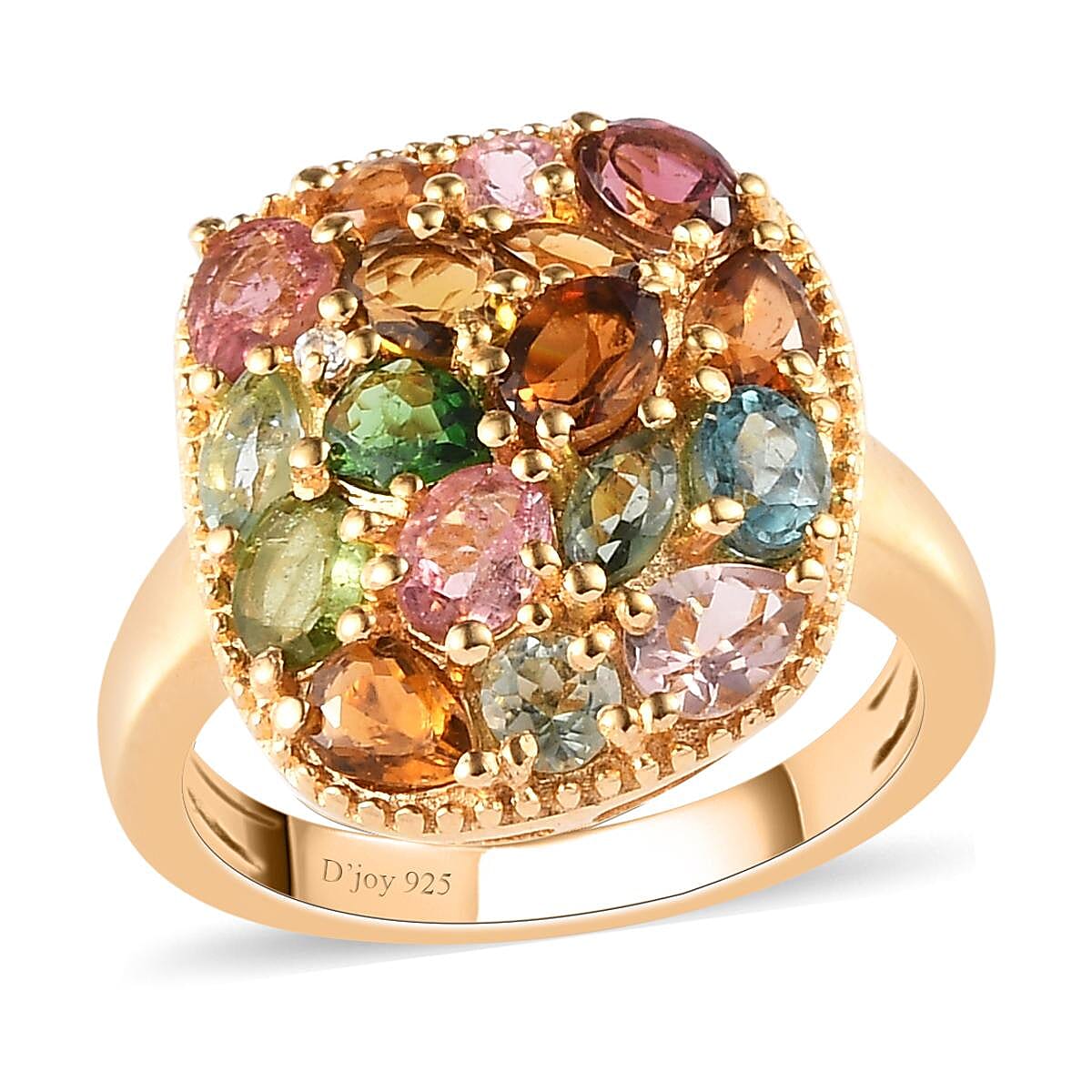 Multi-Tourmaline and Natural White Zircon Cluster Ring in Vermeil Yellow Gold Over Sterling Silver (Size 10.0) 2.00 ctw