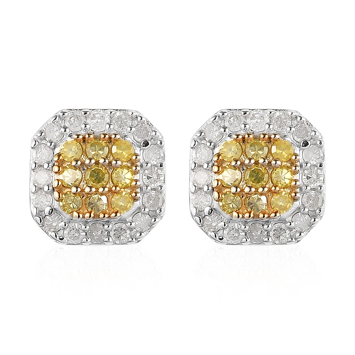 Natural Yellow and White Diamond I3 Stud Earrings in Platinum Over Sterling Silver 0.50 ctw