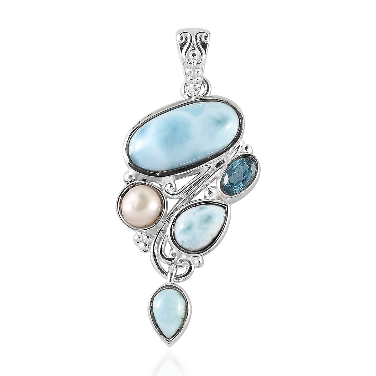 Artisan Crafted Larimar and Multi Gemstone Fancy Pendant without Chain in Sterling Silver 5.25 ctw