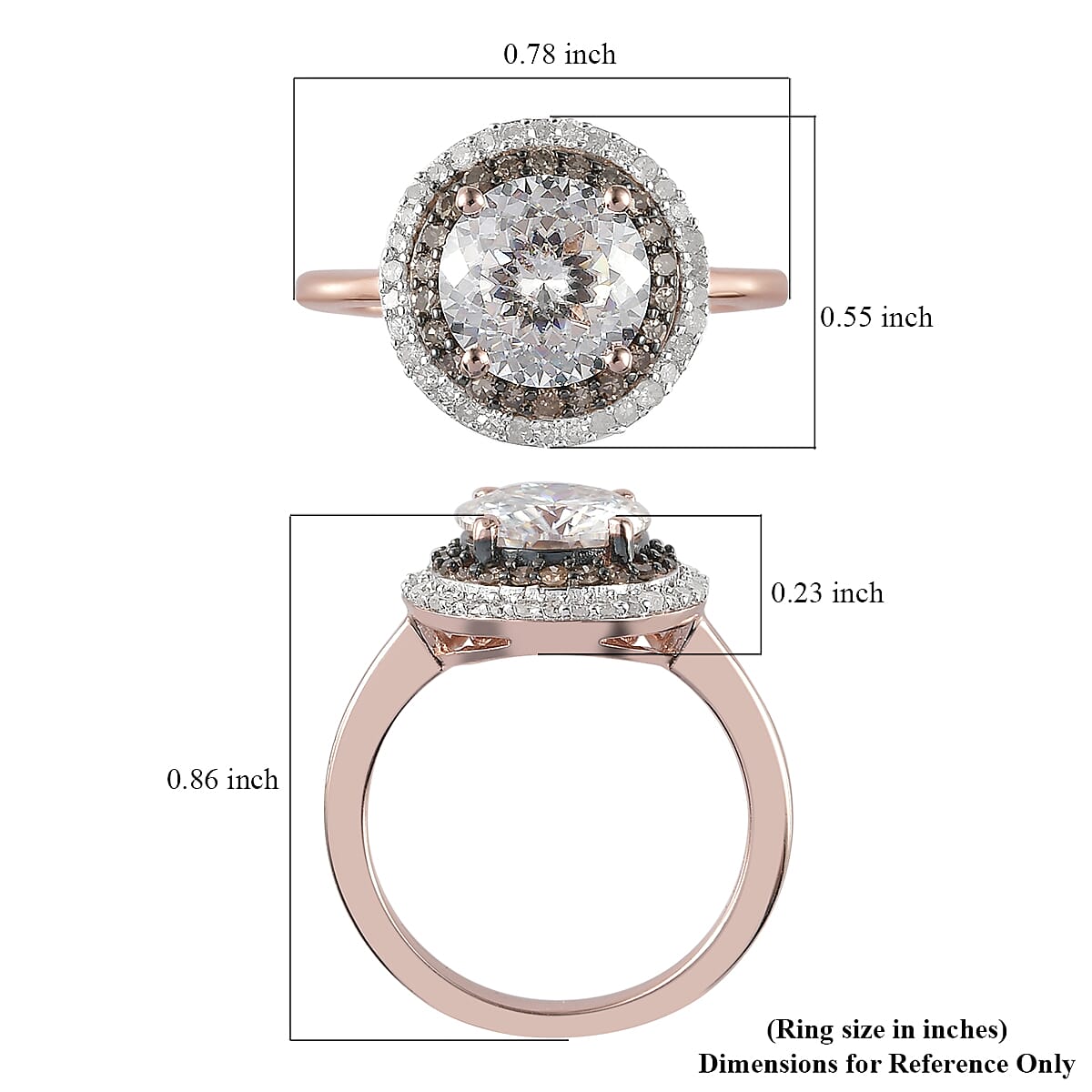 120 Facets Moissanite (Rnd 8mm) (VS-EF), Natural Champagne and White Diamond (0.40 cts) Double Halo Ring in Vermeil RG Over Sterling Silver (Size 10.0) 2.15 ctw