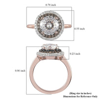 120 Facets Moissanite (Rnd 8mm) (VS-EF), Natural Champagne and White Diamond (0.40 cts) Double Halo Ring in Vermeil RG Over Sterling Silver (Size 10.0) 2.15 ctw