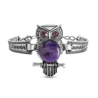 Amethyst, Purple Austrian Crystal Owl Bracelet in Silvertone (7.00 In) 20.00 ctw