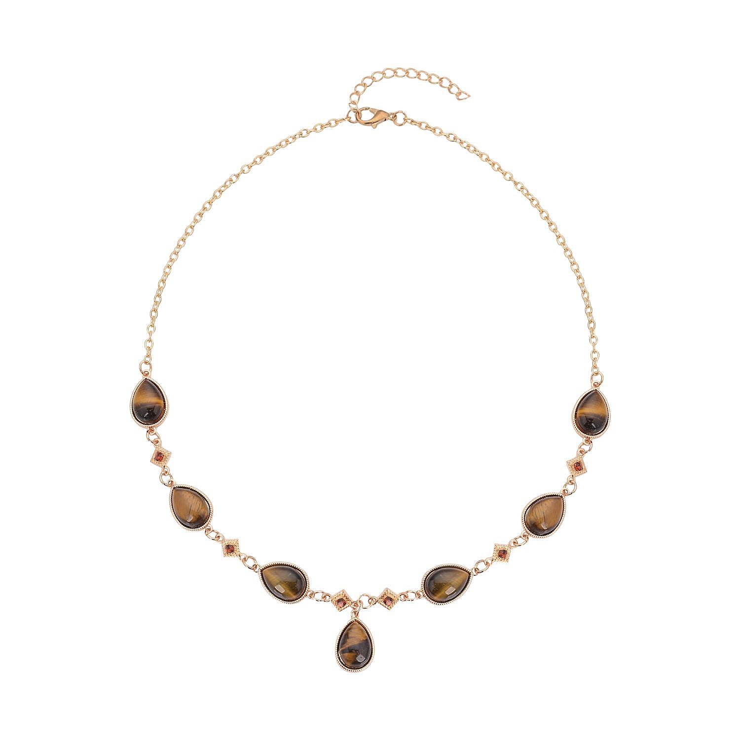 South African Yellow Tiger's Eye and Brown Austrian Crystal Necklace 20 Inches in Goldtone 49.00 ctw