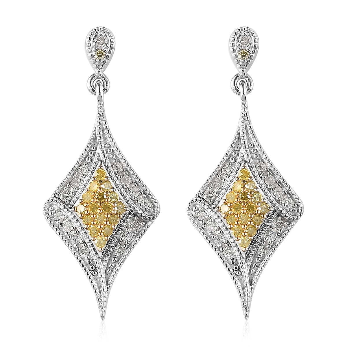 Natural Yellow and White Diamond I3 Dangle Earrings in Rhodium and Platinum Over Sterling Silver 0.50 ctw