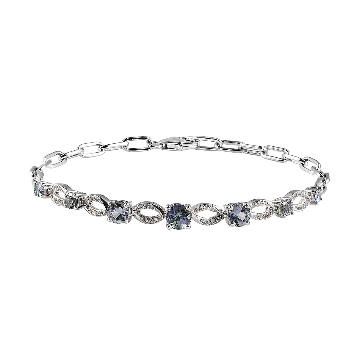 Peacock Tanzanite and Natural White Zircon Paper Clip Chain Bracelet in Platinum Over Sterling Silver (7.25 In) 2.75 ctw