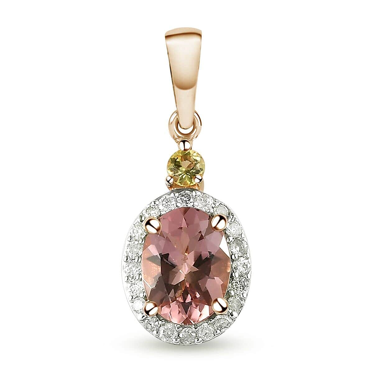 Luxoro 10K Rose Gold Premium Natural Blush and Canary Tourmaline and Diamond Halo Pendant 2.50 ctw