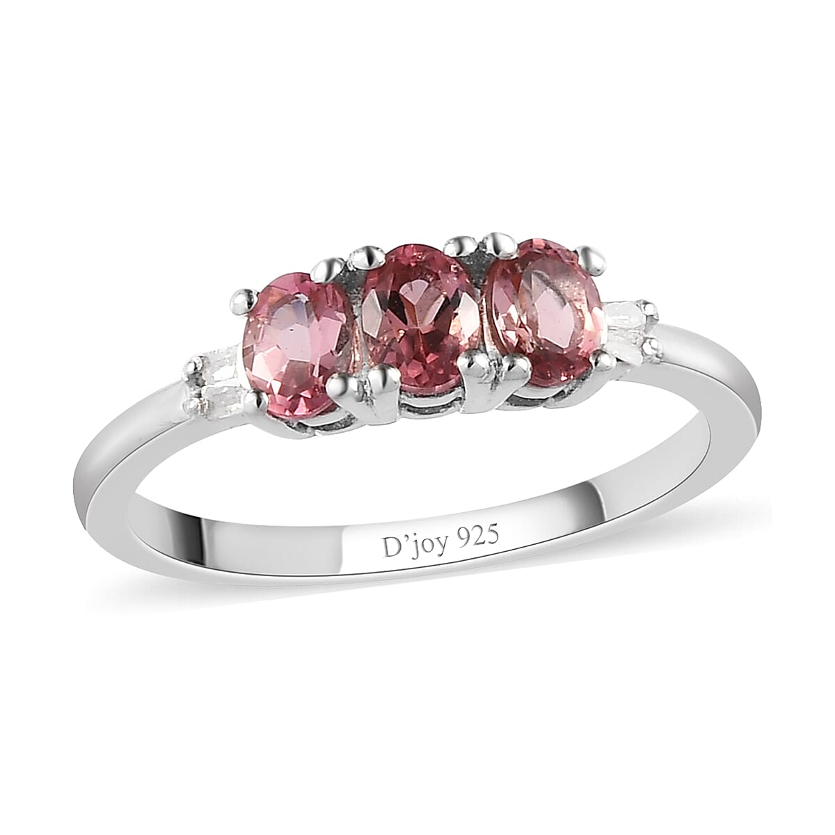 Natural Blush Tourmaline, Diamond Accent Trilogy Ring in Platinum Over Sterling Silver (Size 10.0) 0.40 ctw
