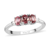 Natural Blush Tourmaline, Diamond Accent Trilogy Ring in Platinum Over Sterling Silver (Size 10.0) 0.40 ctw