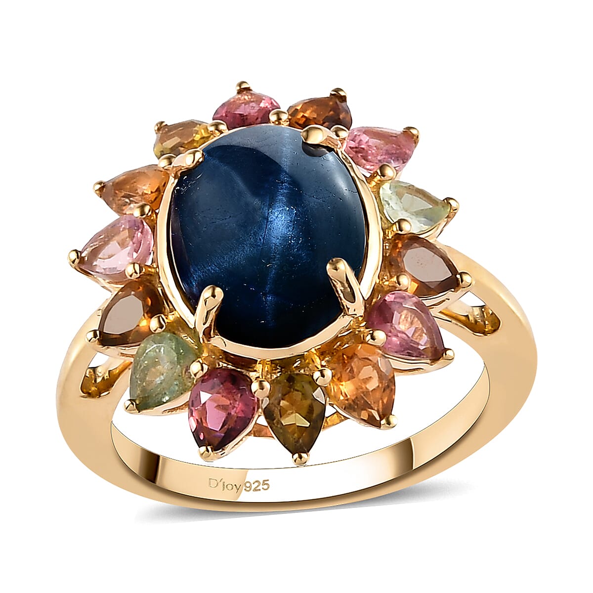 Thai Blue Star Sapphire, Multi-Tourmaline Floral Ring in Vermeil YG Over Sterling Silver (Size 10.0) 7.10 ctw (1)