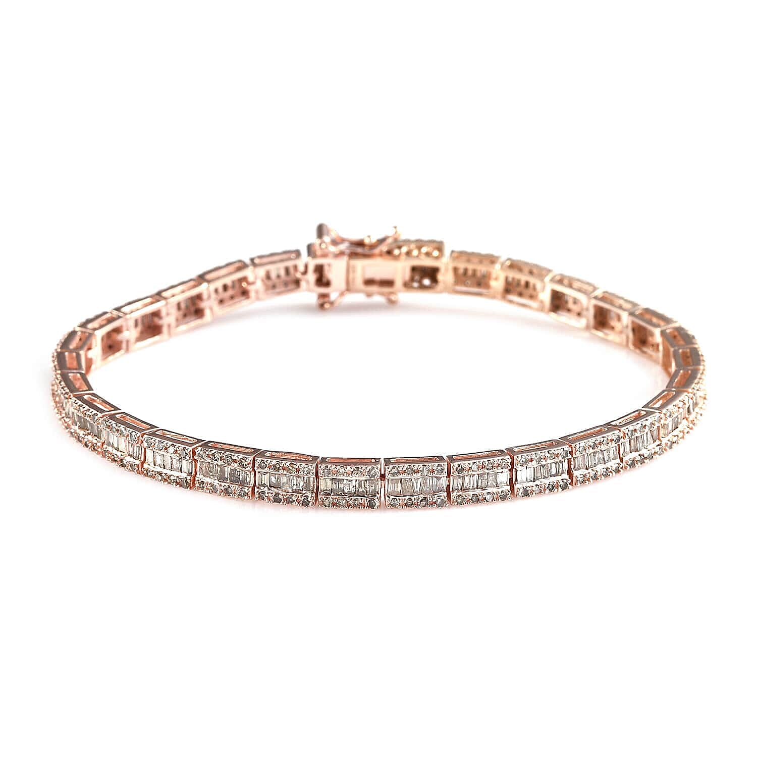 Natural Champagne Diamond Tennis Bracelet in Rhodium and Vermeil Rose Gold Over Sterling Silver (7.25 In) 3.00 ctw