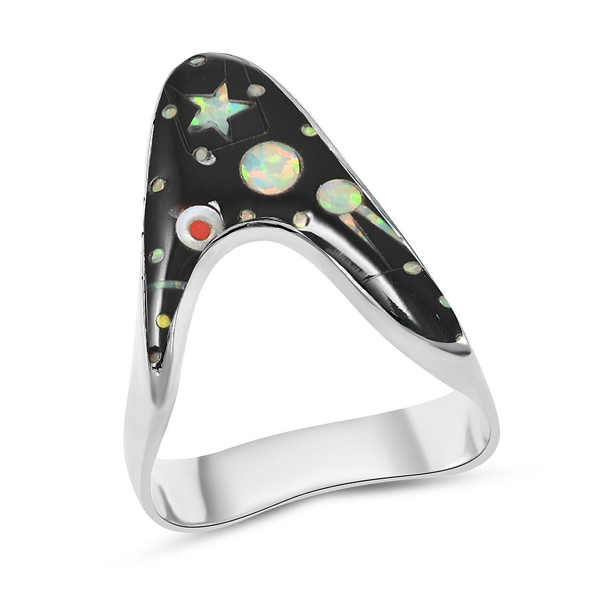 SANTA FE Style Multi Gemstone Assymetrical Ring in Sterling Silver (Size 10.0)