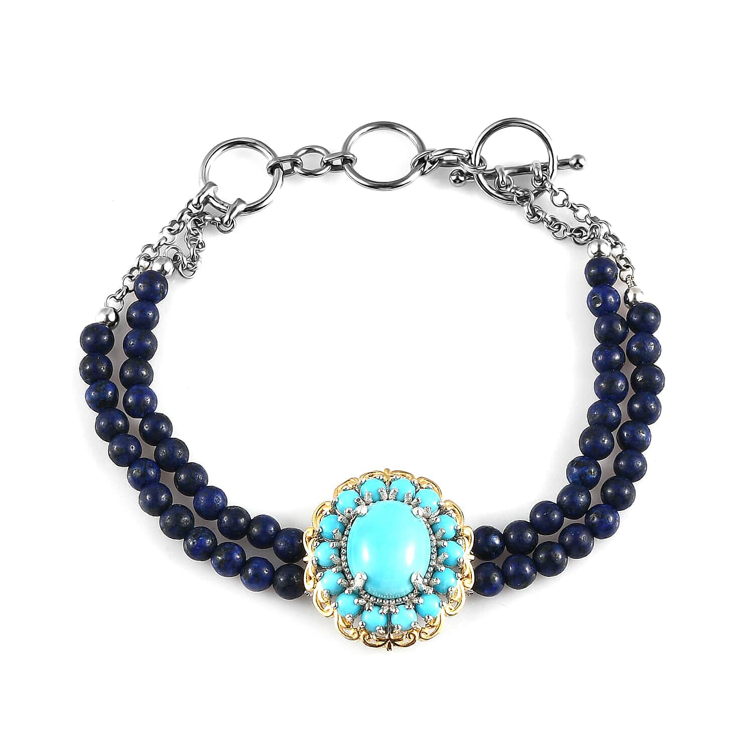 Sleeping Beauty Turquoise and Lapis Lazuli Beaded Bracelet in 14K YG and Platinum Over Sterling Silver (6.50 In) 29.40 ctw