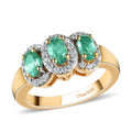 Boyaca Colombian Emerald and Natural White Zircon Trilogy Ring in Vermeil Yellow Gold Over Sterling Silver 1.00 ctw - Sticky add to cart bar