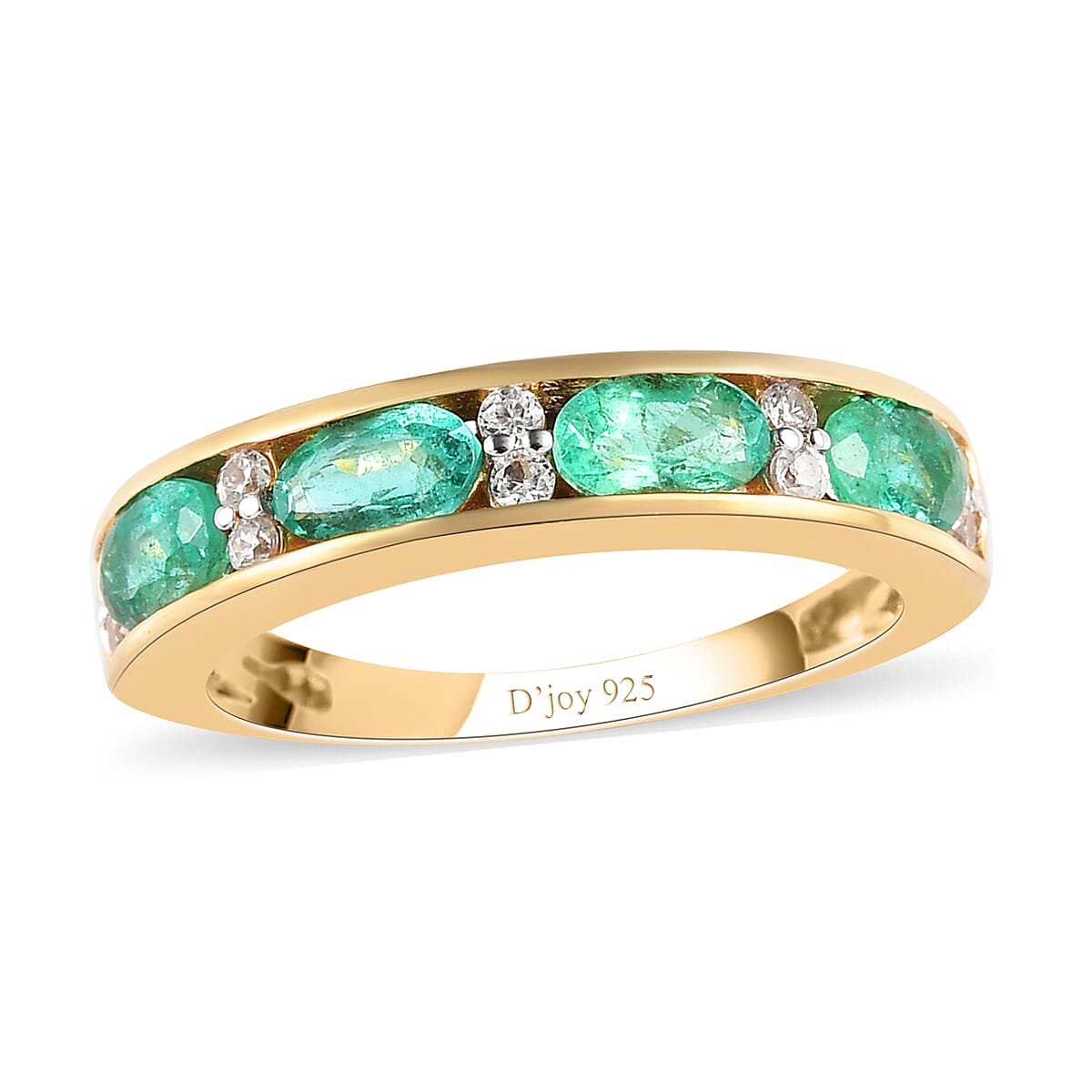 Boyaca Colombian Emerald, Natural White Zircon Half Eternity Band Ring in Vermeil YG Over Sterling Silver (Size 10.0) 1.00 ctw