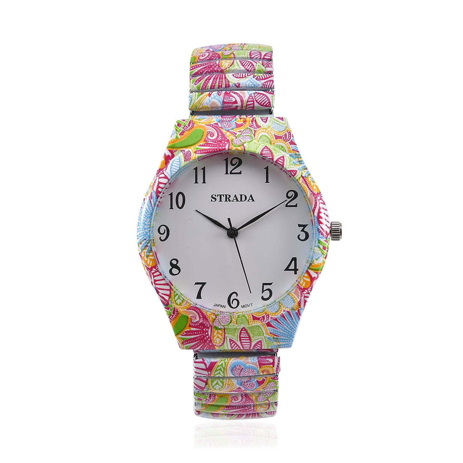 Strada Japanese Movement Water Resistant Flower Print Pattern Stretch Bracelet Watch in Stainless Steel Strap (48mm)