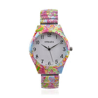 Strada Japanese Movement Water Resistant Flower Print Pattern Stretch Bracelet Watch in Stainless Steel Strap (48mm)