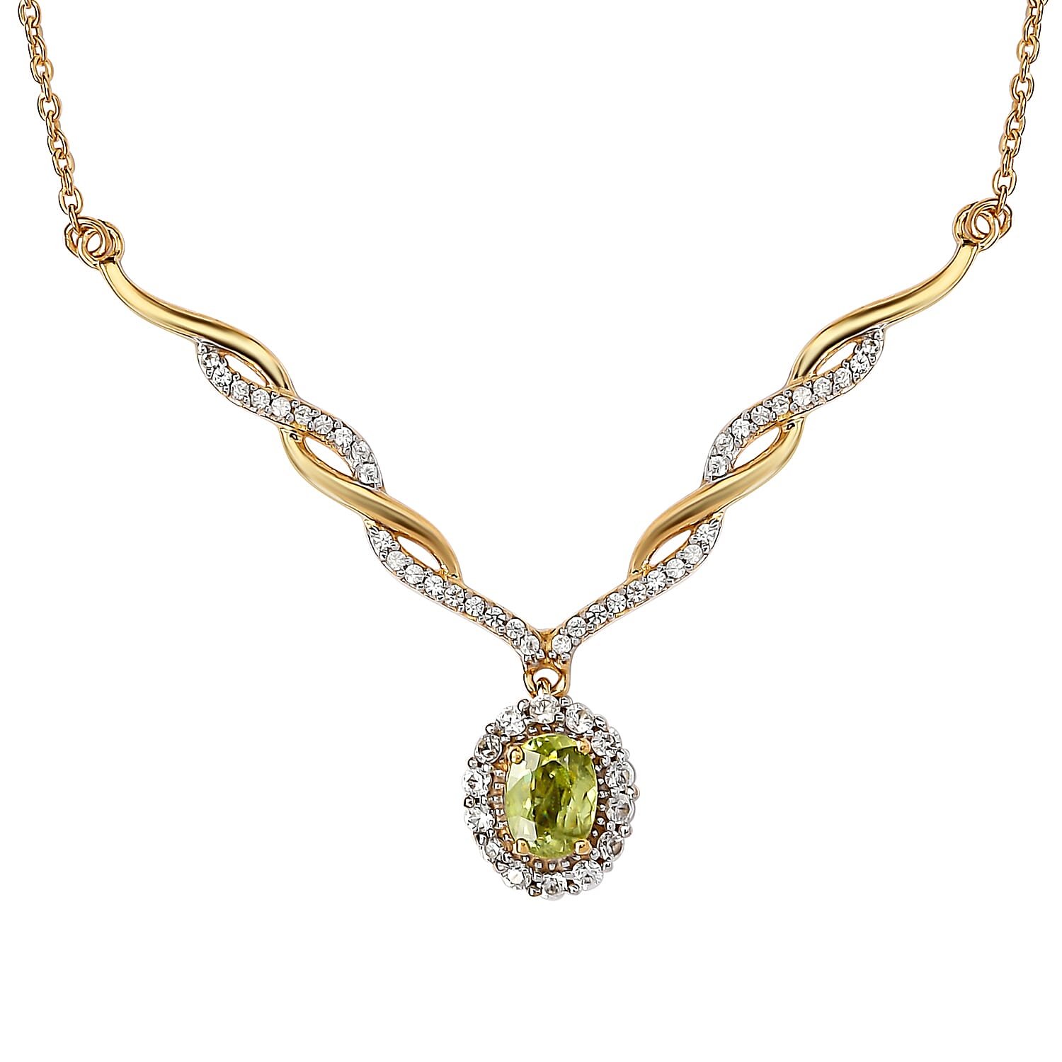AAA Sava Sphene and Natural White Zircon Necklace 18 Inches in Vermeil Yellow Gold Over Sterling Silver 1.75 ctw