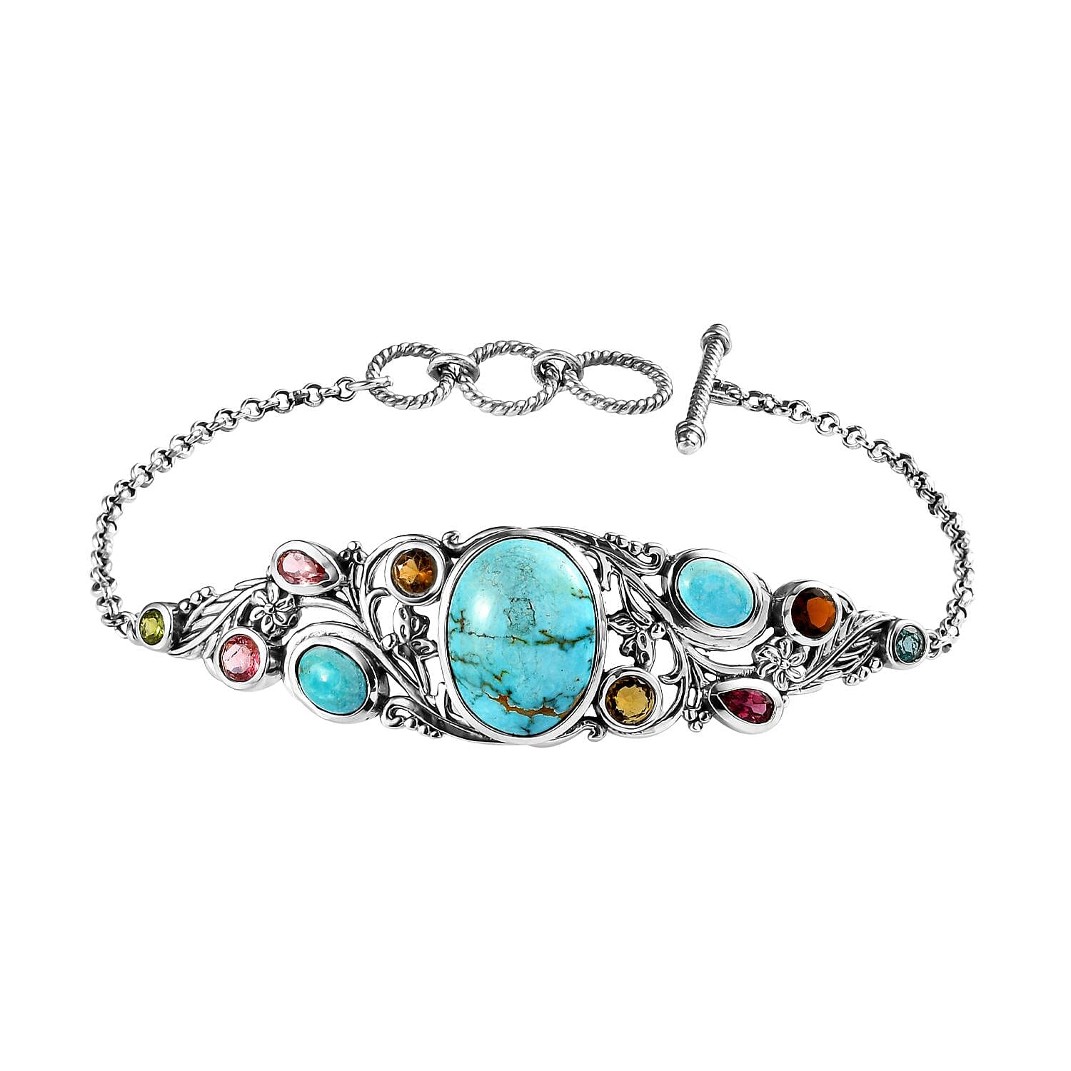 Artisan Crafted Sierra Nevada Turquoise, Multi-Tourmaline Toggle Clasp Bracelet in Sterling Silver (6.50-8.0In) 12.00 ctw