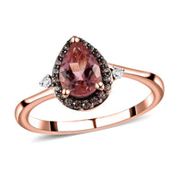 Natural Blush Tourmaline, Natural White Zircon, Coffee Zircon Halo Ring in Vermeil RG Over Sterling Silver (Size 7.0) 1.00 ctw