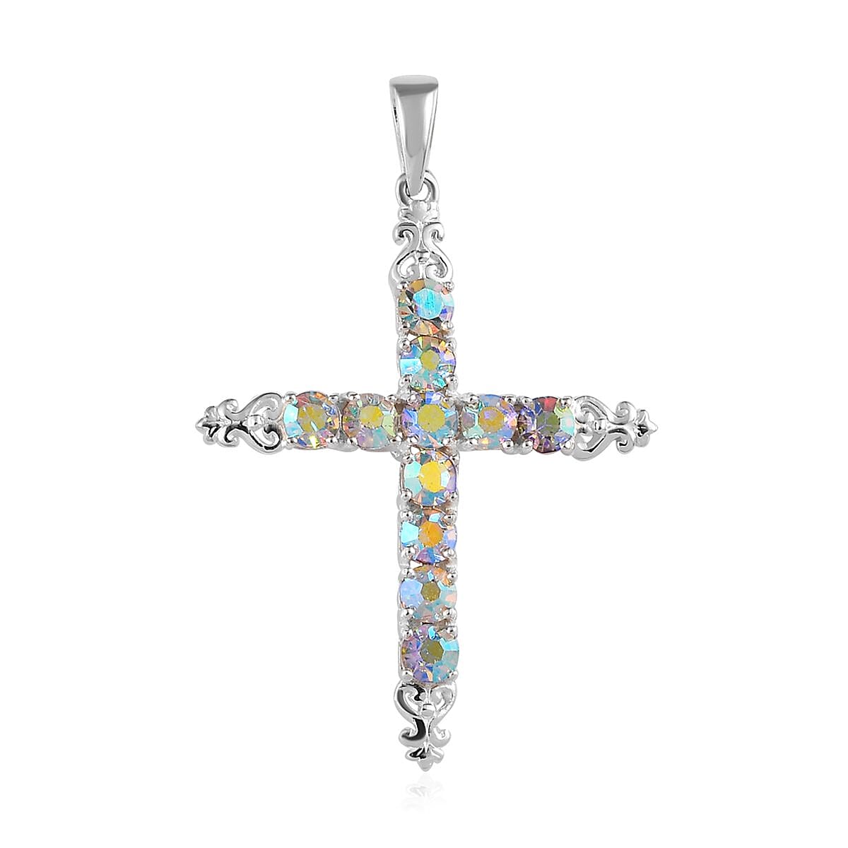 Aurora Borealis Crystal Cross Pendant in Sterling Silver