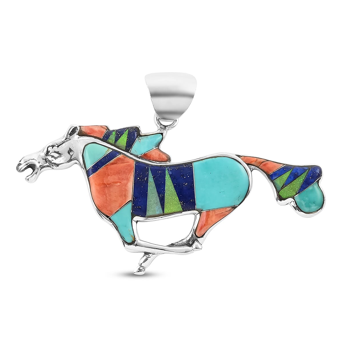 SANTA FE Style Multi Gemstone Runing Horse Pendant in Sterling Silver 13.40 Grams 2.10 ctw