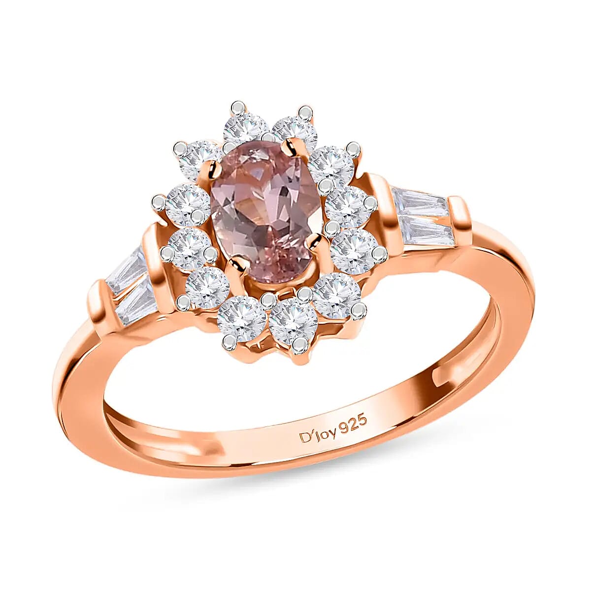 Natural Blush Tourmaline and Natural White Zircon Ring in Vermeil Rose Gold Over Sterling Silver 1.00 ctw