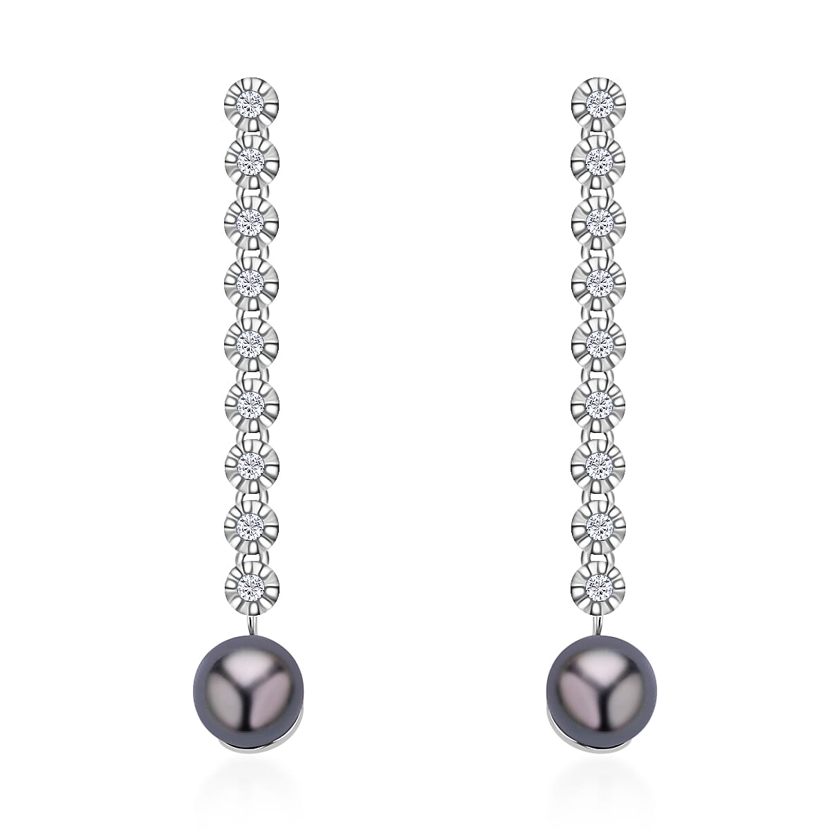 Tahitian Cultured Pearl Drop Earrings, White Zircon Accent Earrings, Rhodium Over Sterling Silver Earrings, Pearl Earrings, Pearl Jewelry For Her  0.90 ctw