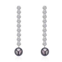 Tahitian Cultured Pearl Drop Earrings, White Zircon Accent Earrings, Rhodium Over Sterling Silver Earrings, Pearl Earrings, Pearl Jewelry For Her  0.90 ctw