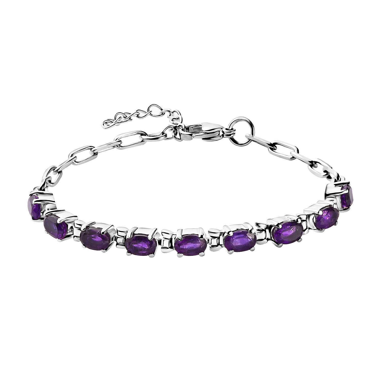 Multi Gemstone Paper Clip Chain Bracelet in Platinum Bond and Stainless Steel (6.50 In) 4.25 ctw