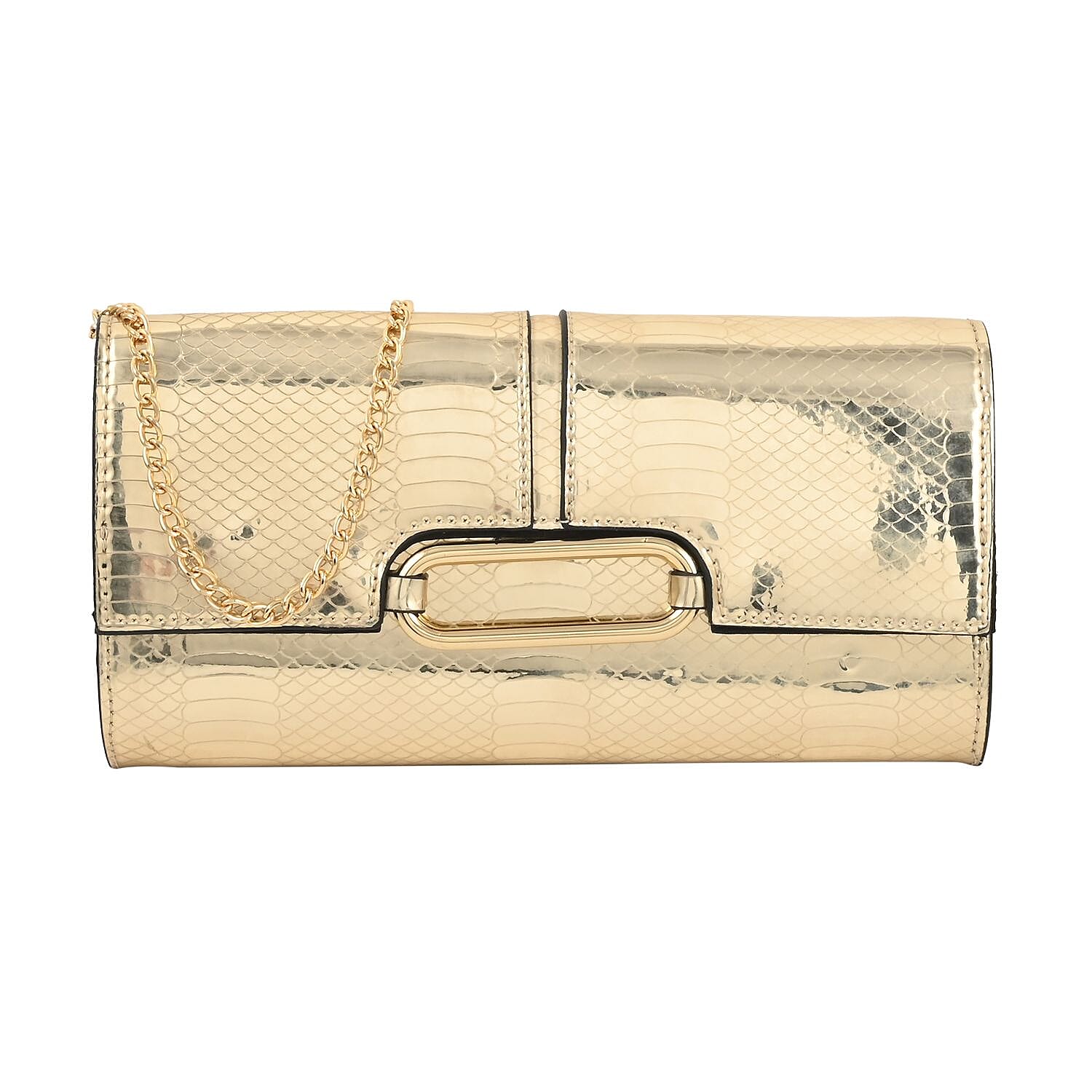 MC Golden Crocodile Pattern Faux Leather Clutch with Chain Strap (9.5x1.5x5")