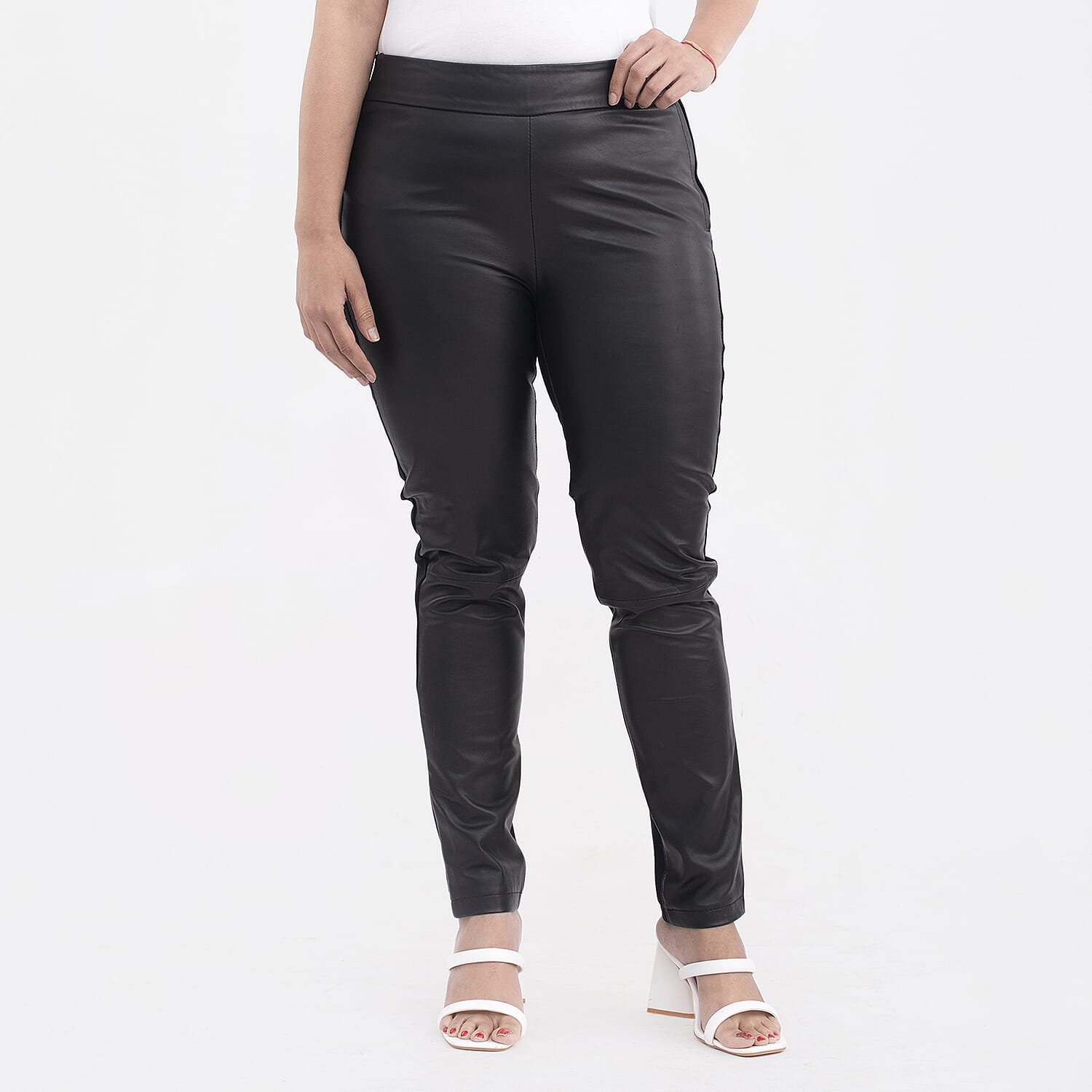 TAMSY Black Genuine Lamb Leather With Back Ponte Knit Legging - S