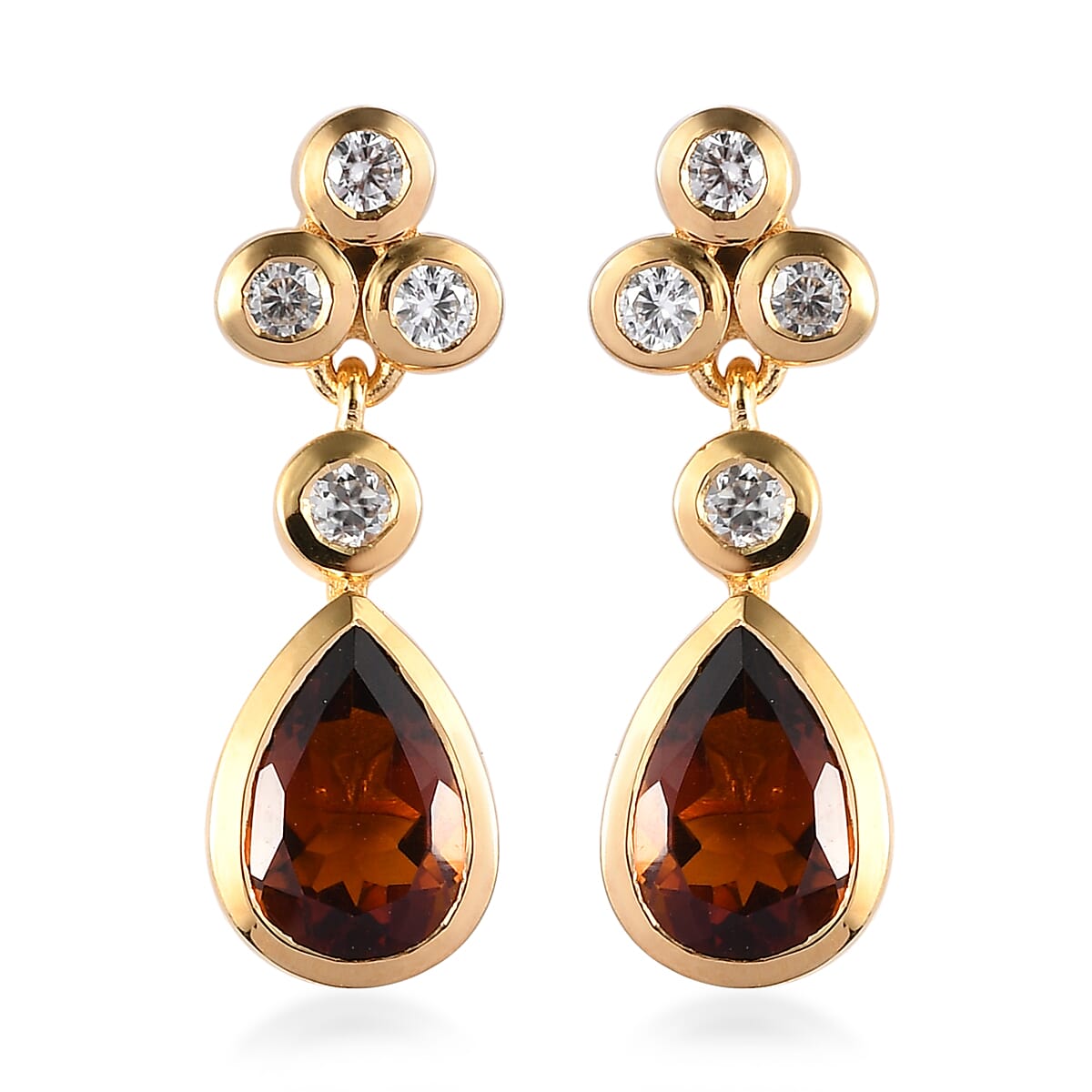 Brazilian Cherry Citrine and White Zircon Drop Earrings in Vermeil Yellow Gold Over Sterling Silver 2.85 ctw