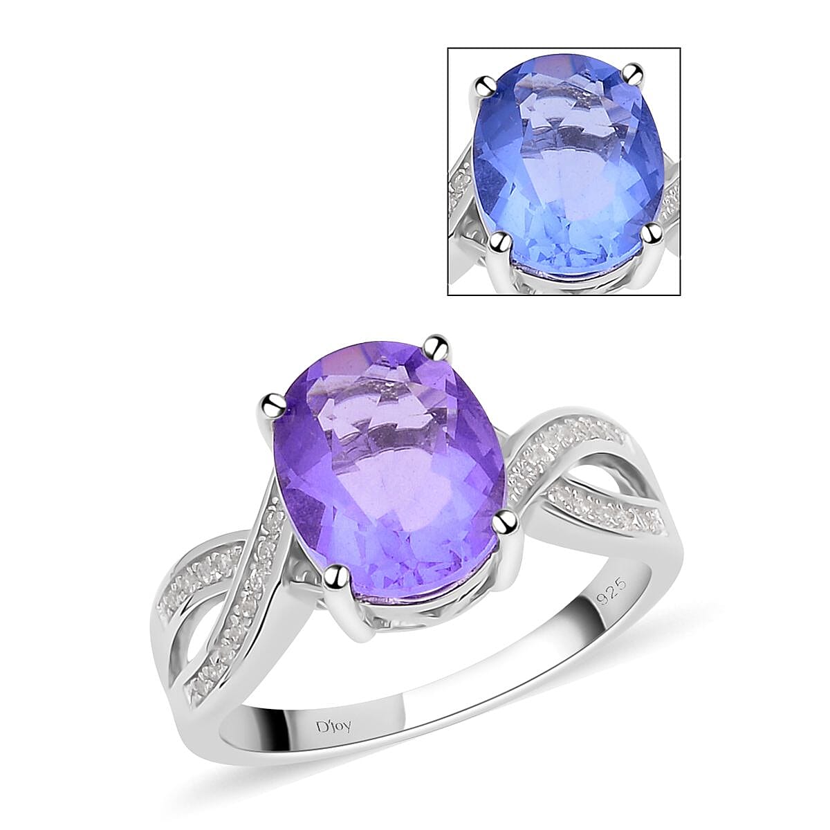 Color Change Fluorite, Natural White Zircon Infinity Ring in Rhodium Over Sterling Silver (Size 10.0) 4.35 ctw