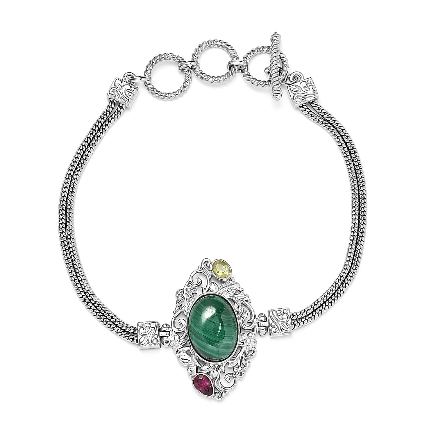 19th Oct One Time Only African Malachite, Orissa Rhodolite Garnet, Peridot Toggle Clasp Bracelet in Platinum Over Copper (7.25 In) 8.35 ctw