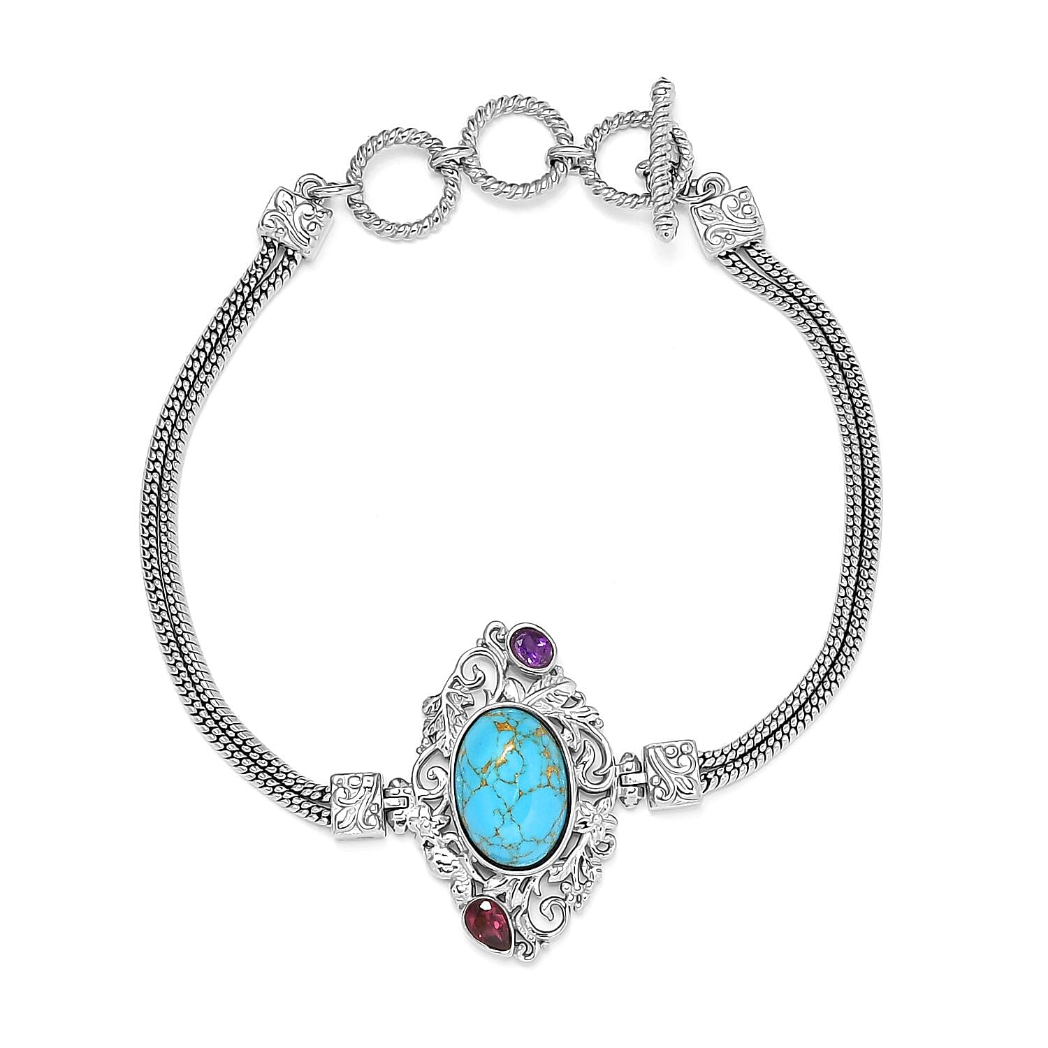 19th Oct One Time Only African Malachite, Orissa Rhodolite Garnet, Peridot Toggle Clasp Bracelet in Platinum Over Copper (7.25 In) 8.35 ctw