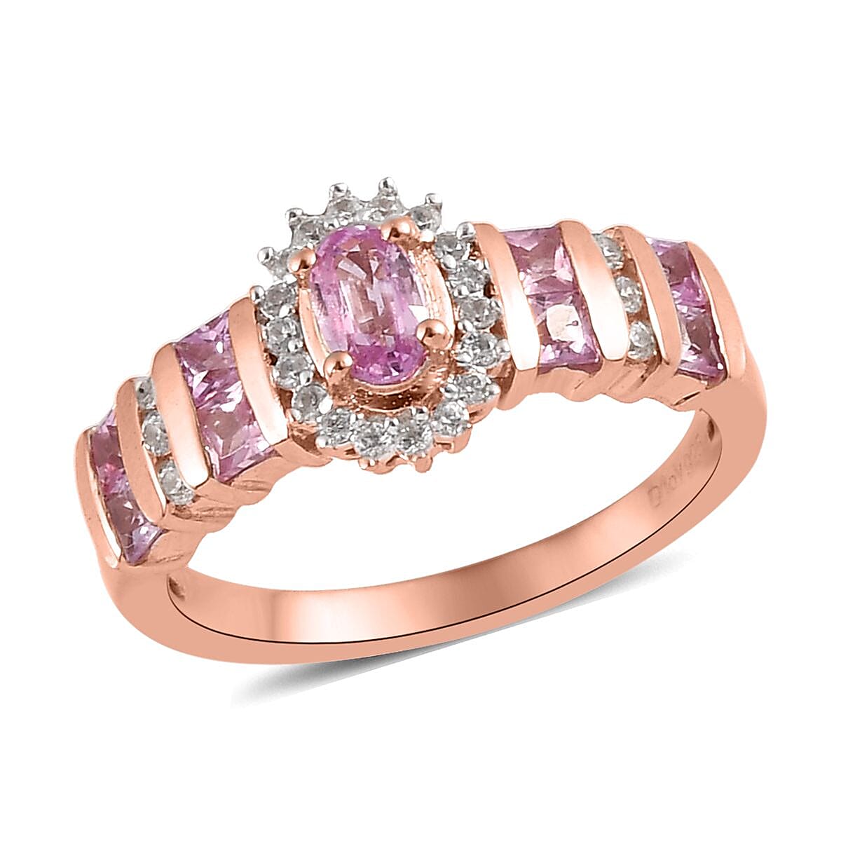 Madagascar Pink Sapphire, Natural White Zircon Ring in Vermeil RG Over Sterling Silver (Size 10.0) 1.00 ctw