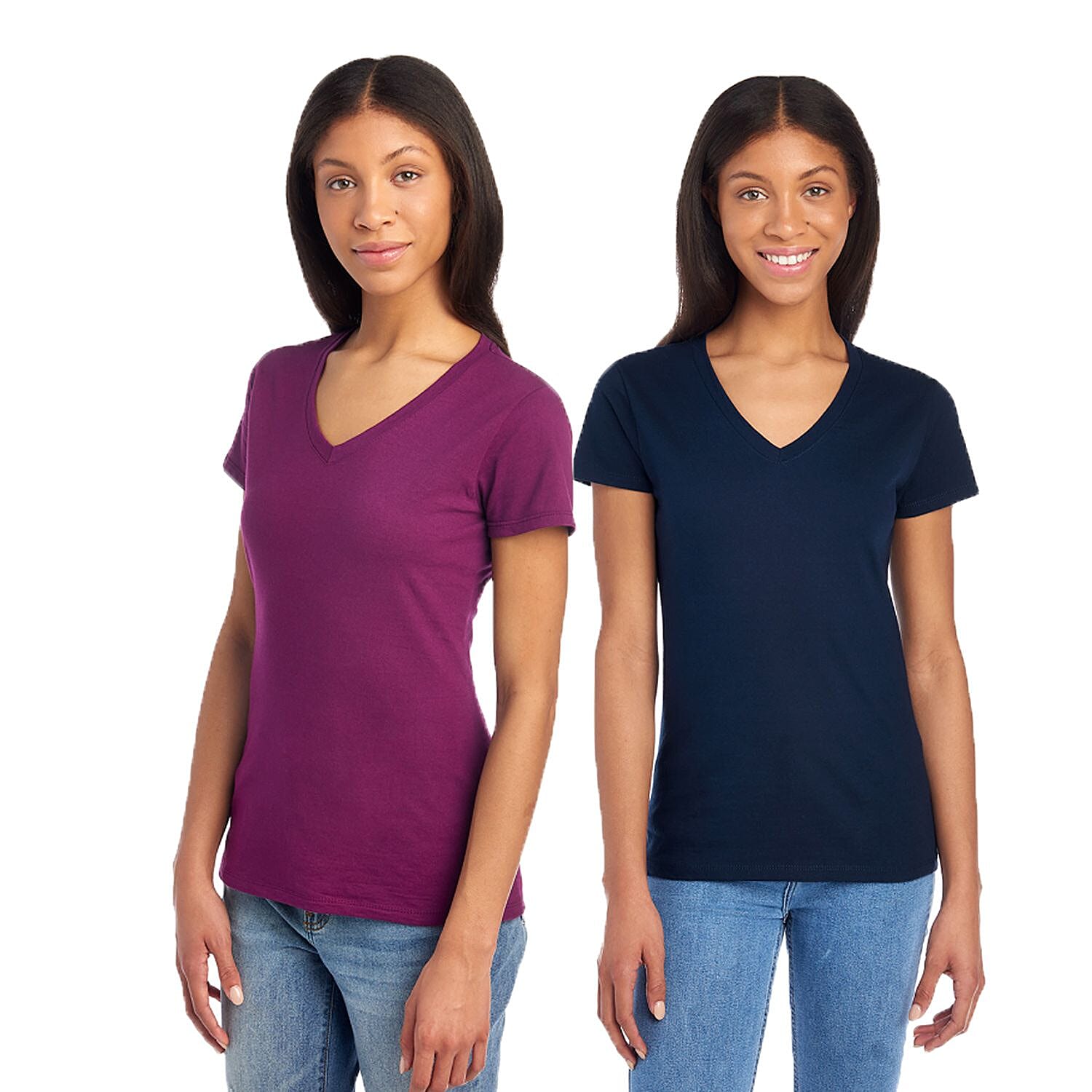 2 Pack- FRUIT OF THE LOOM 100% Cotton V-Neck T-shirts - Navy and Plum-L (Shipped in 8-10 days)