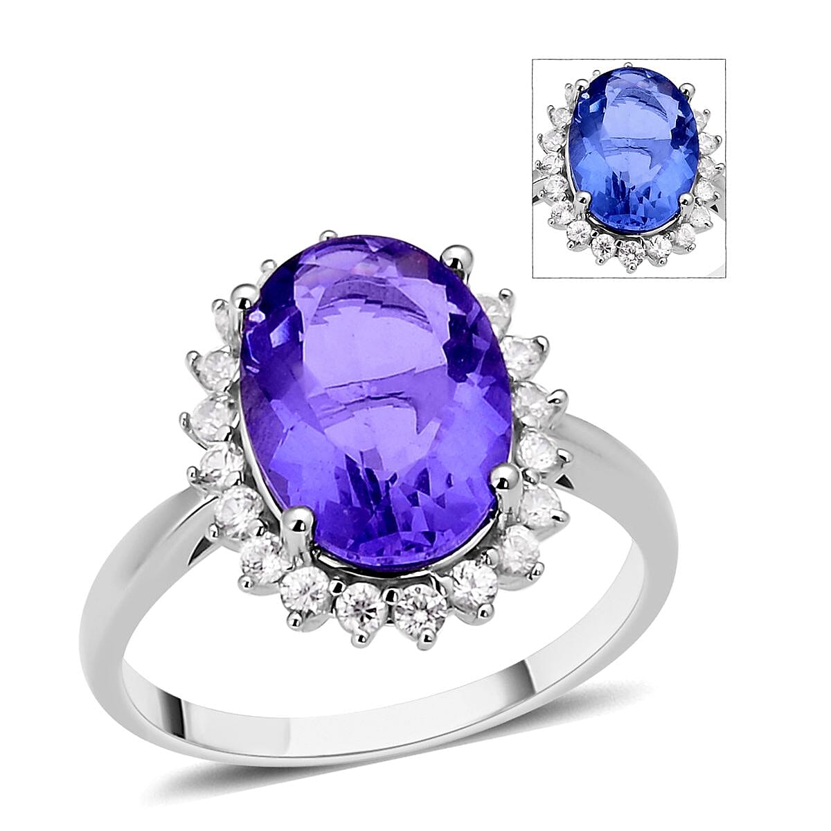 Color Change Fluorite, Natural White Zircon Halo Ring in Rhodium Over Sterling Silver (Size 10.0) 7.60 ctw
