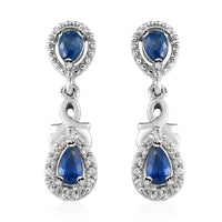 Blue Ceylon Sapphire and White Zircon Dangle Earrings in Platinum Over Sterling Silver 1.15 ctw