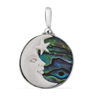 Sajen Silver Carved Bone and Abalone Shell Crescent Moon Pendant in Sterling Silver