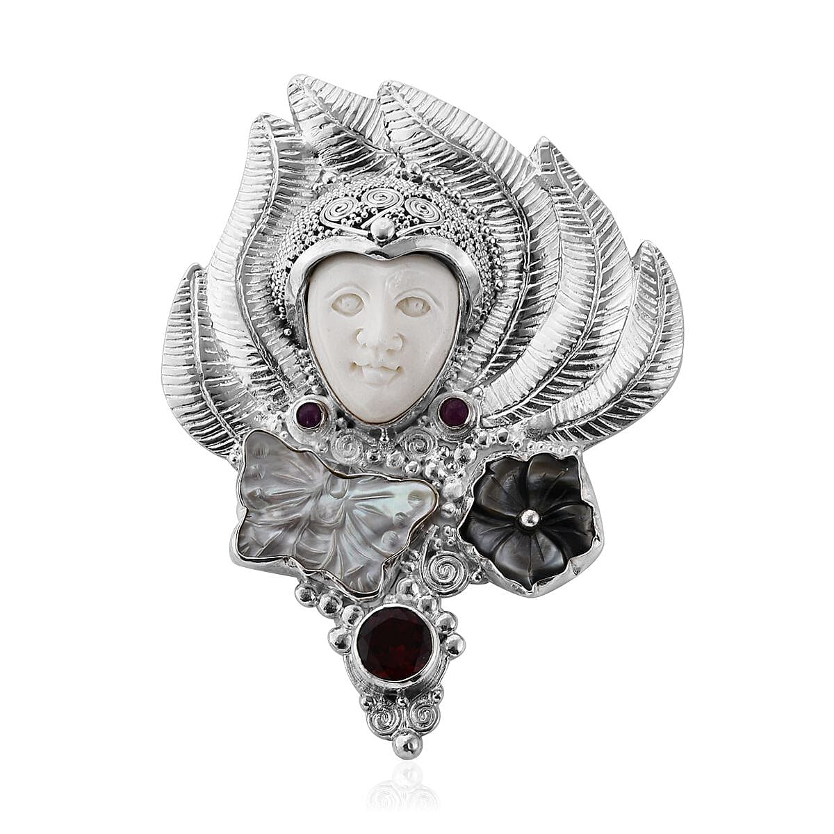Sajen Silver Carved Bone and Multi Gemstone 1.75 ctw Pendant without Chain or Brooch in Sterling Silver