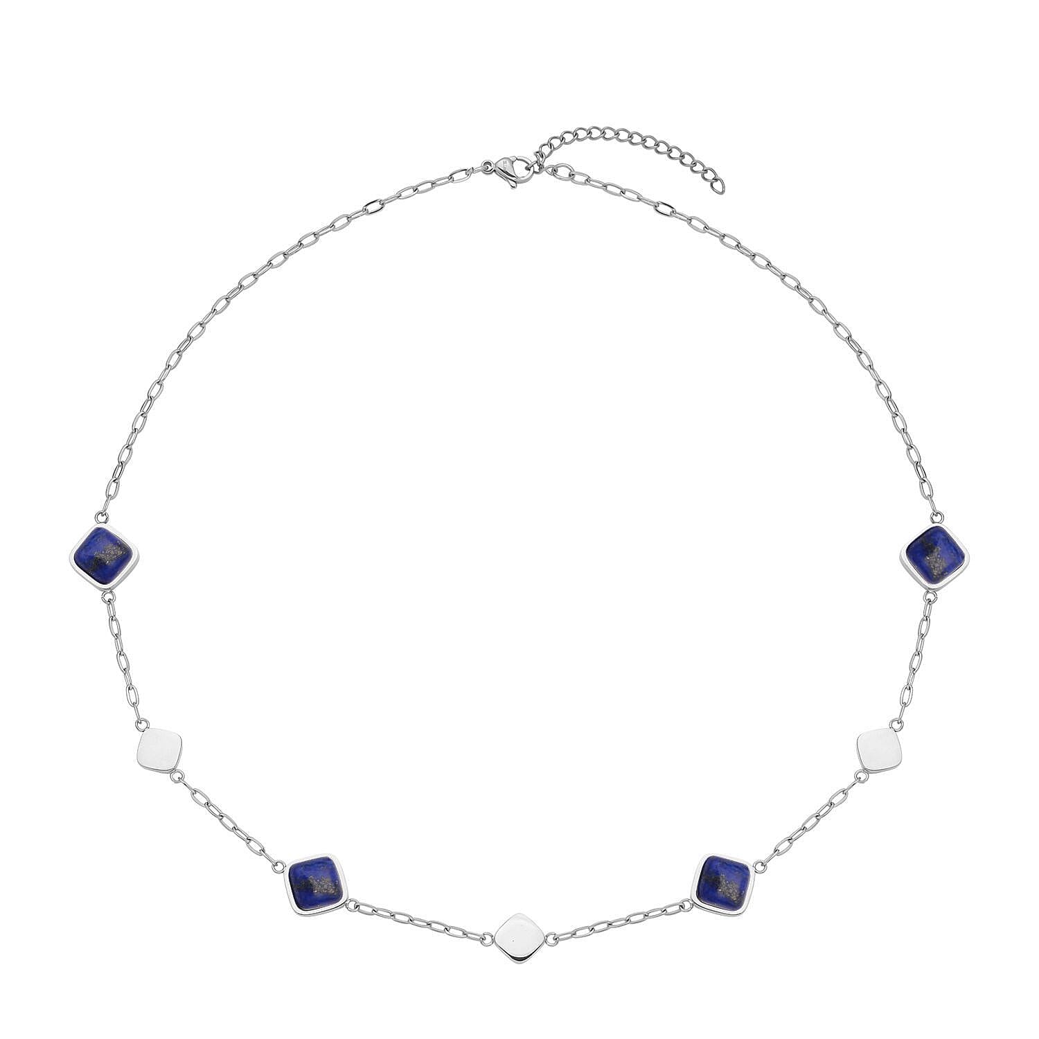 Lapis Lazuli Paper Clip Chain Station Necklace 20-22 Inches in Stainless Steel 32.00 ctw