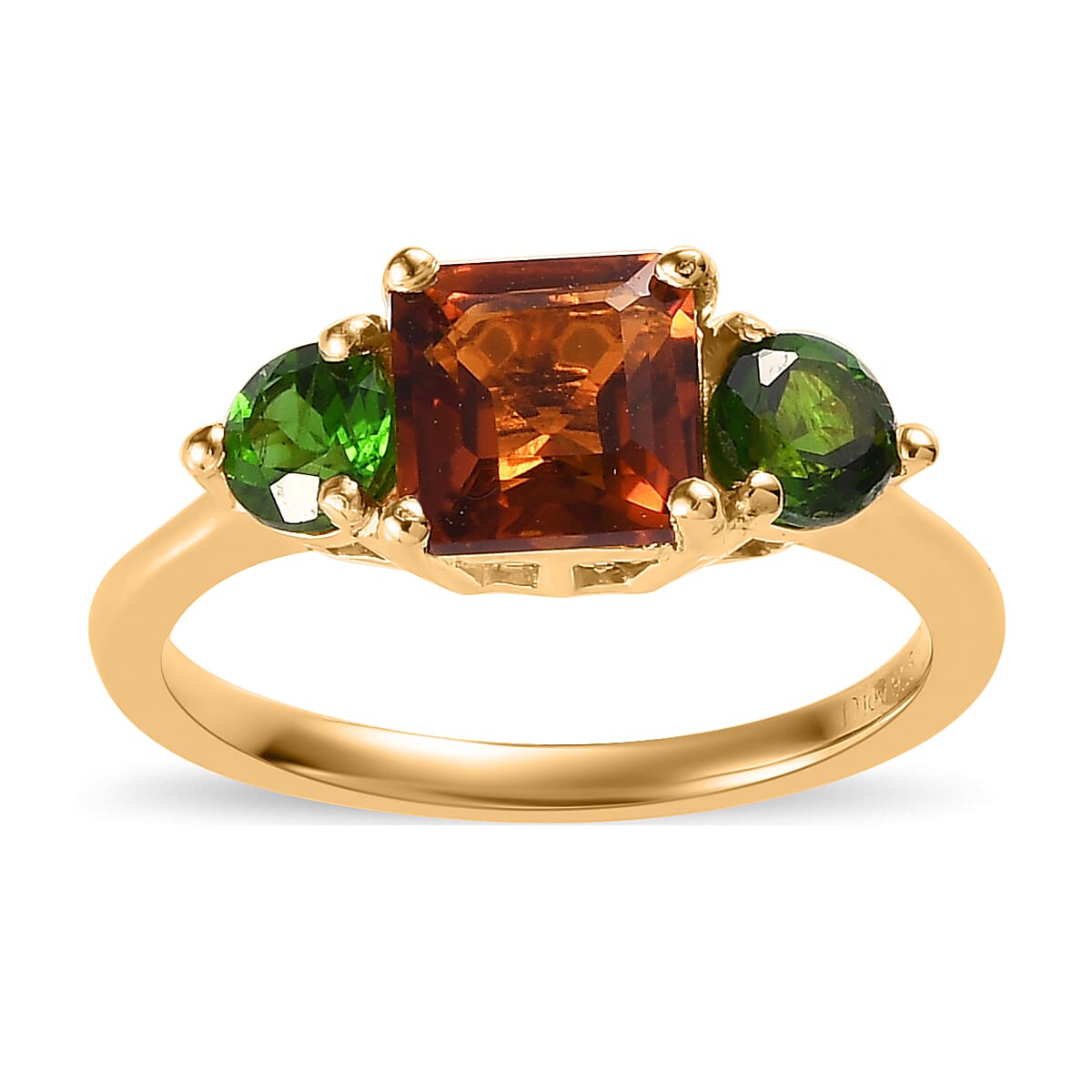 Asscher Cut Brazilian Cherry Citrine, Natural Chrome Diopside 3 Stone Ring in Vermeil YG Over Sterling Silver (Size 10.0) 1.50 ctw