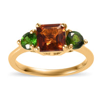 Asscher Cut Brazilian Cherry Citrine, Natural Chrome Diopside 3 Stone Ring in Vermeil YG Over Sterling Silver (Size 10.0) 1.50 ctw